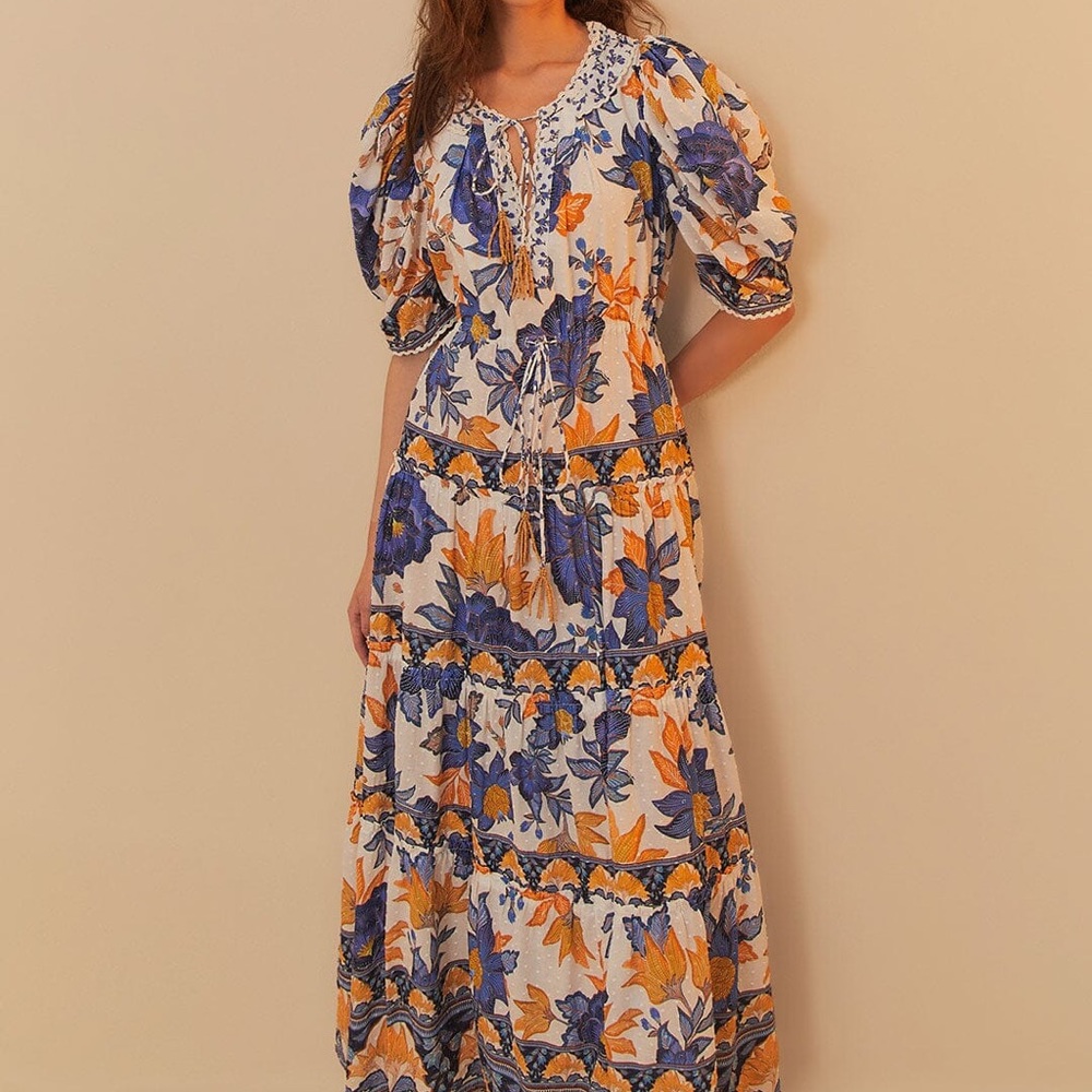 Farm Rio off white summer flowers beaded tassels maxi dress